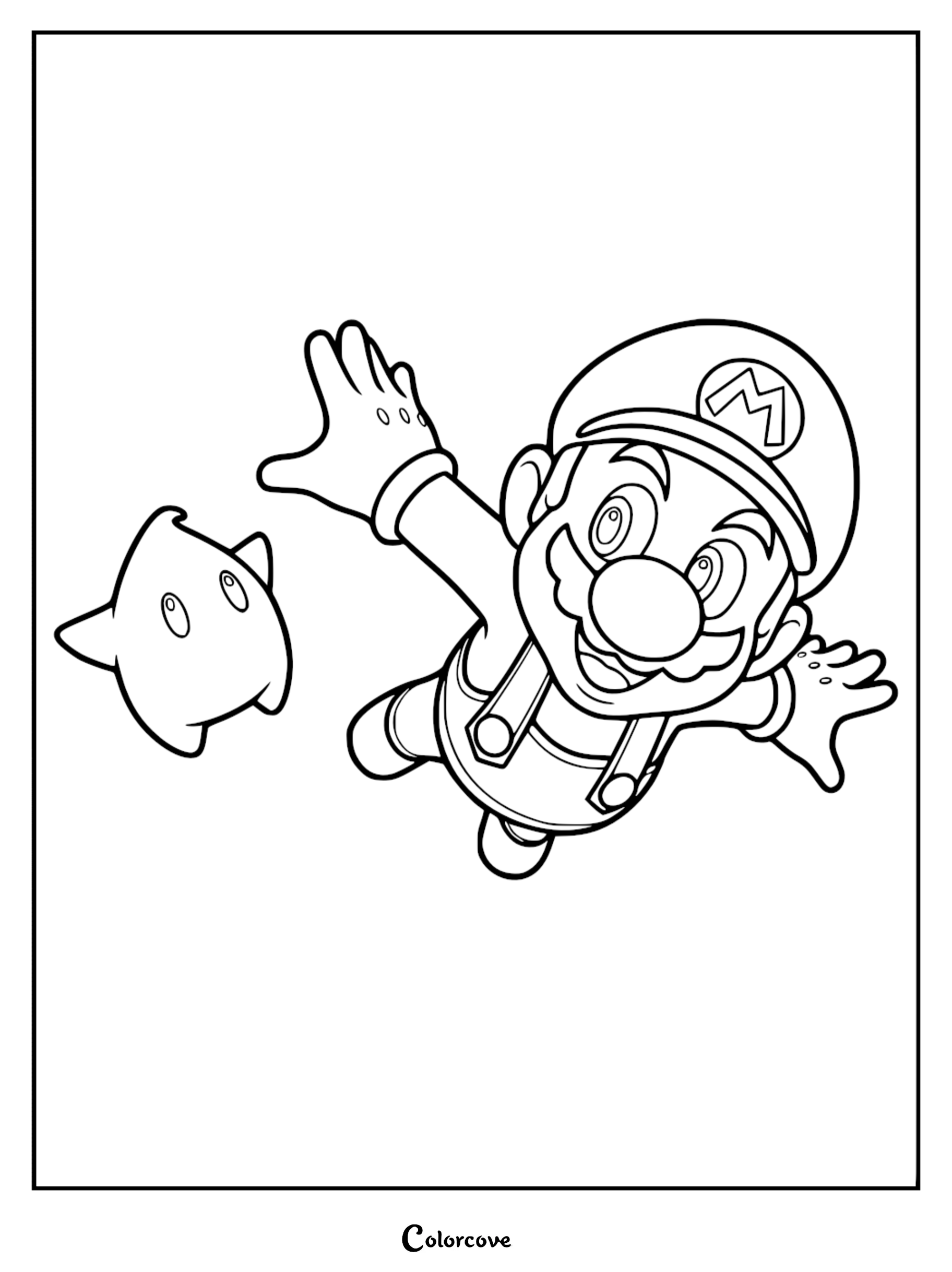 Join the intergalactic adventure with this free printable Super Mario Galaxy coloring page featuring Mario and his Luma friend. This high-quality line art is perfect for kids and can be printed in seconds for endless creative fun.