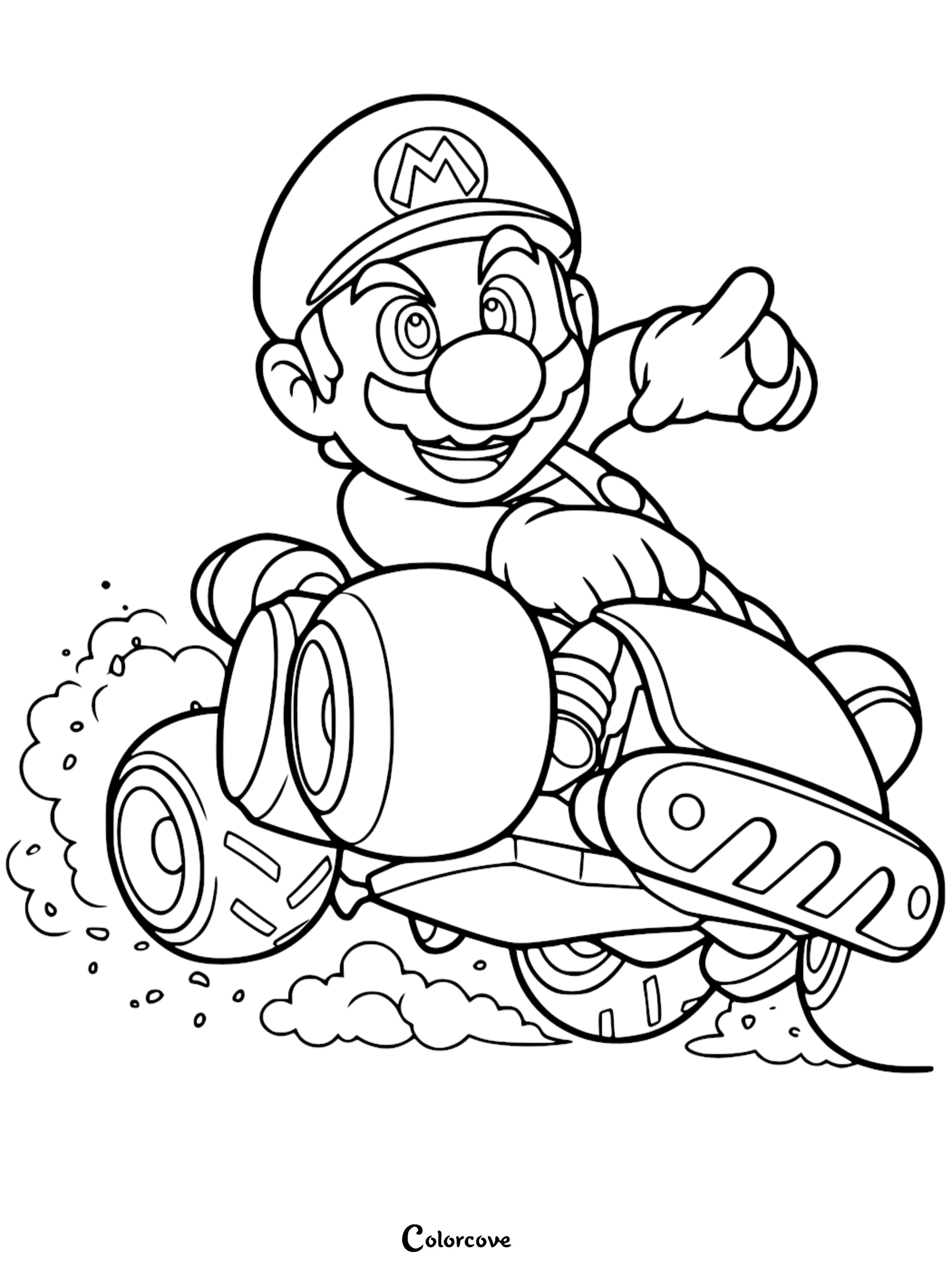 Rev up your creativity with this action-packed Mario Kart racing coloring page! Download and print this free Super Mario coloring sheet to help Mario speed toward the finish line in his high-performance go-kart.