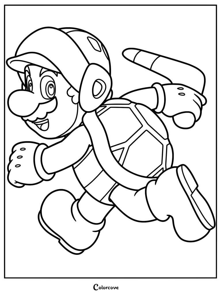 Mario Boomerang portant son casque et sa carapace caractéristiques tout en tenant un boomerang sur ce coloriage à imprimer.