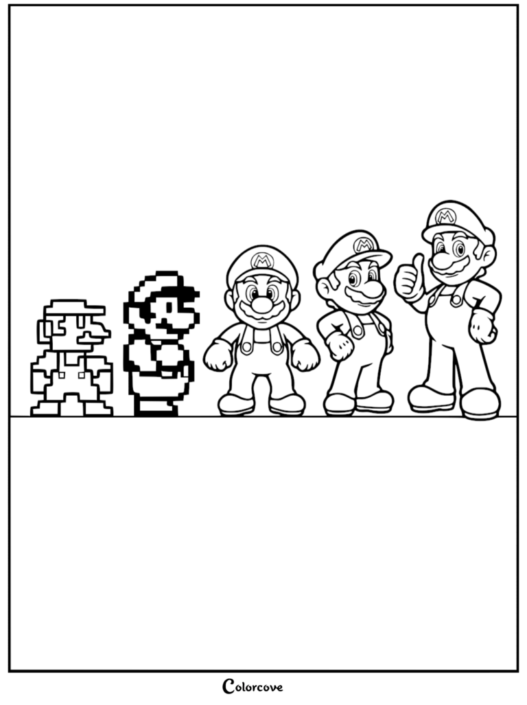 Un coloriage à imprimer montrant l'évolution de Super Mario, du pixel art 8-bits au design de personnage 3D moderne.