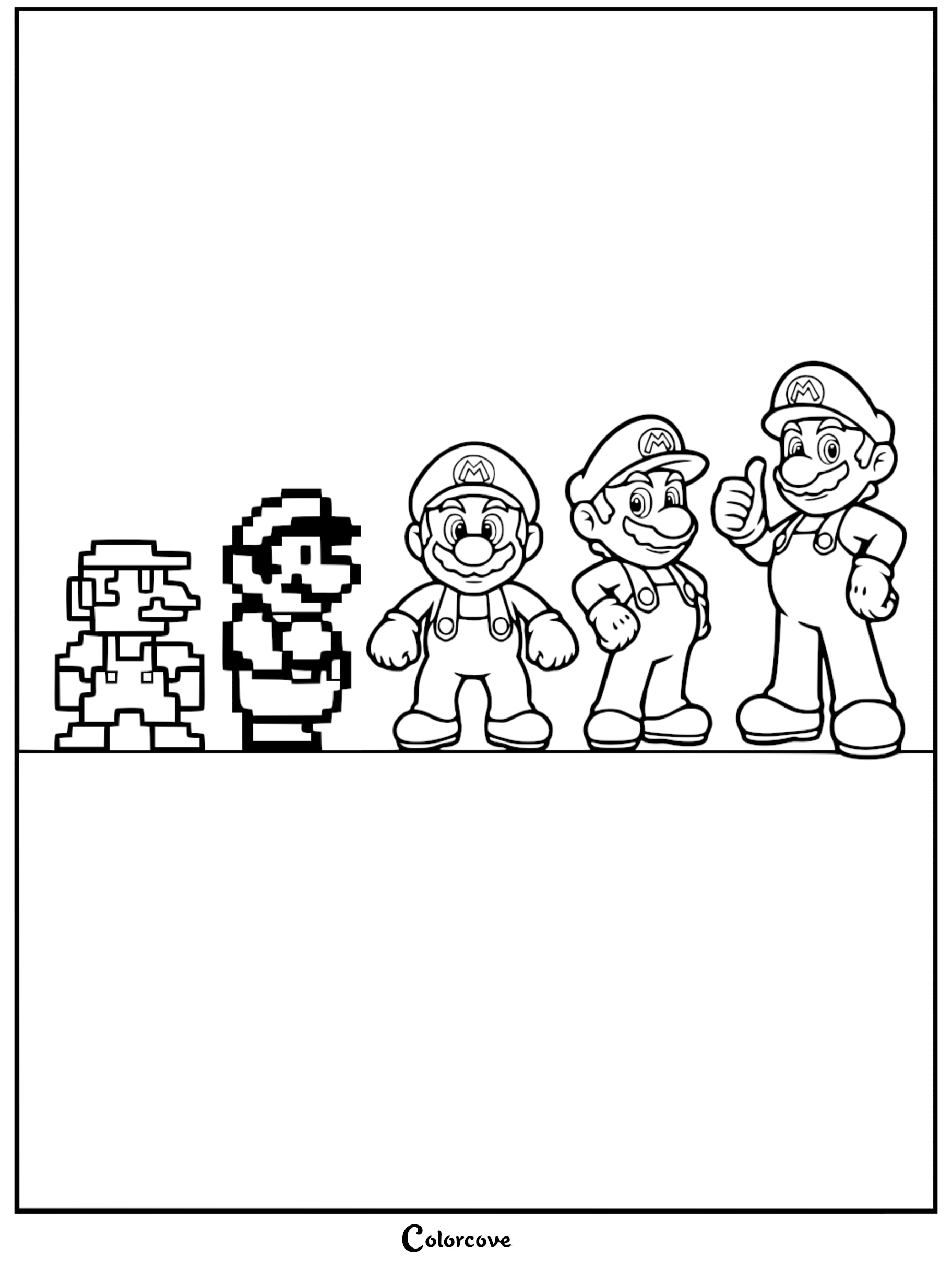 Trace the history of Nintendo's iconic hero with this free Super Mario evolution coloring page, featuring designs from the classic NES era to his modern-day appearance. Download and print this fun activity to celebrate the journey of the world's most famous plumber.