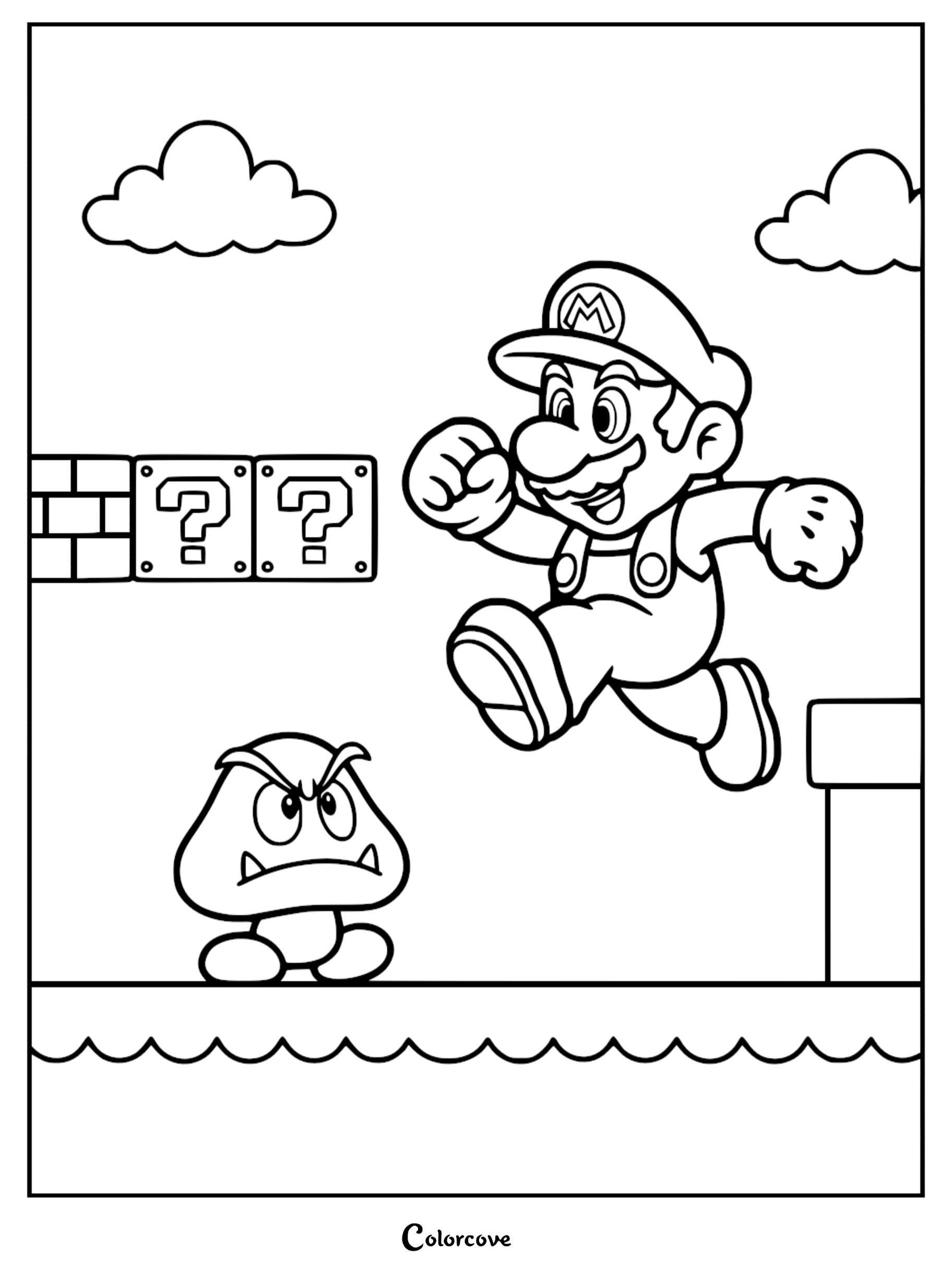 Bring the Mushroom Kingdom to life with this action-packed Super Mario coloring page featuring Mario jumping over a Goomba. This free printable is perfect for kids and fans of the classic video game series to download and enjoy.