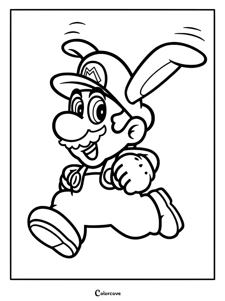 Mario Lapin portant sa casquette emblématique aux longues oreilles de lapin en train de courir, à retrouver sur un coloriage à imprimer.