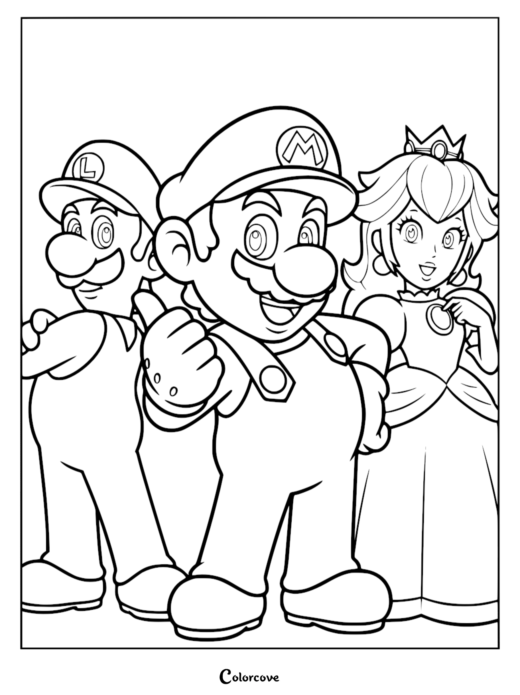 Join the adventure with this free printable coloring page featuring Mario, Luigi, and Princess Peach. Perfect for fans of the Mushroom Kingdom, this high-quality line art is ready to be printed and colored in seconds.