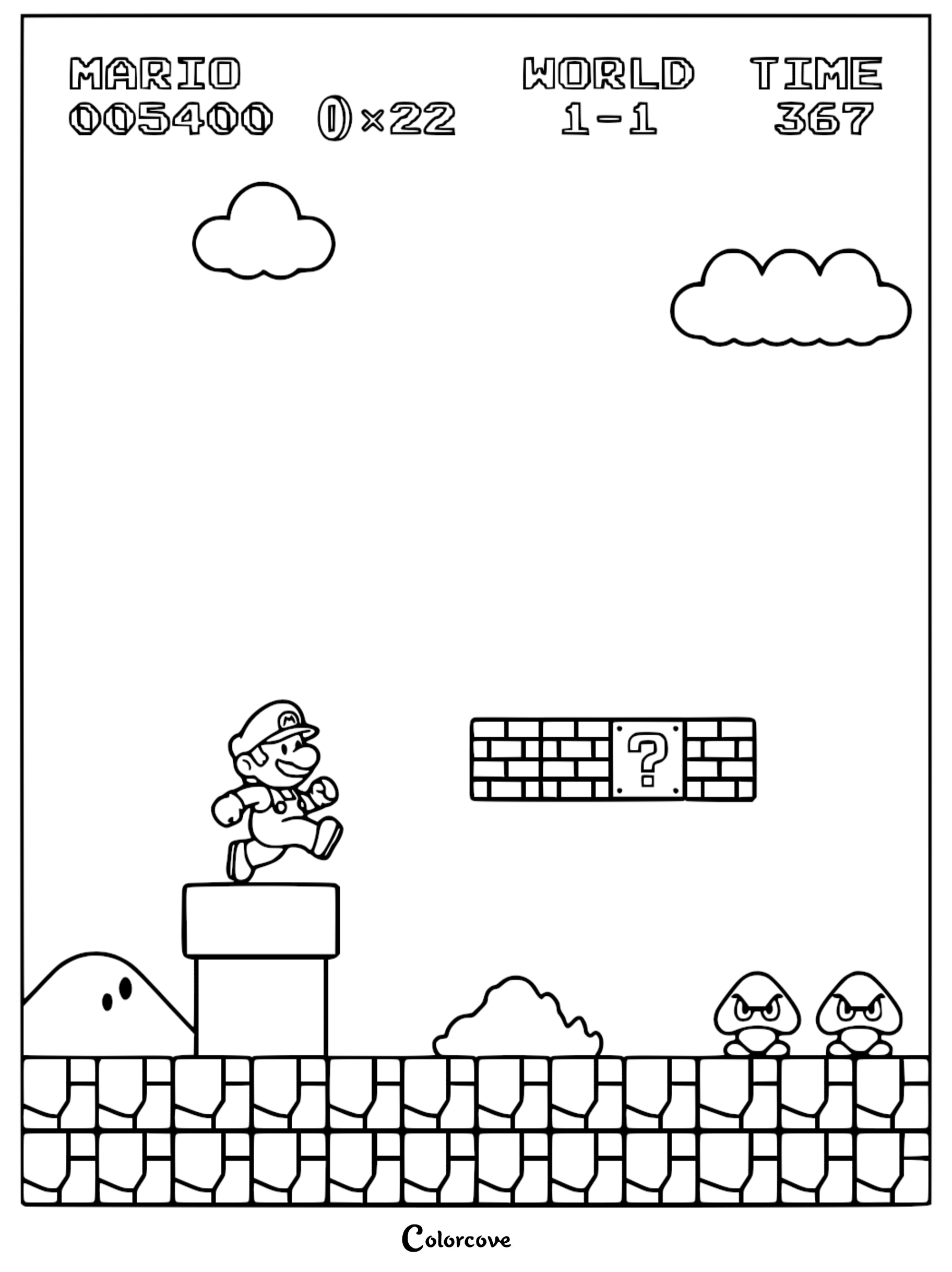 Relive the classic NES adventure with this free printable Super Mario World 1-1 coloring page. Perfect for kids and retro gaming fans to color their favorite mushroom kingdom scene in seconds.