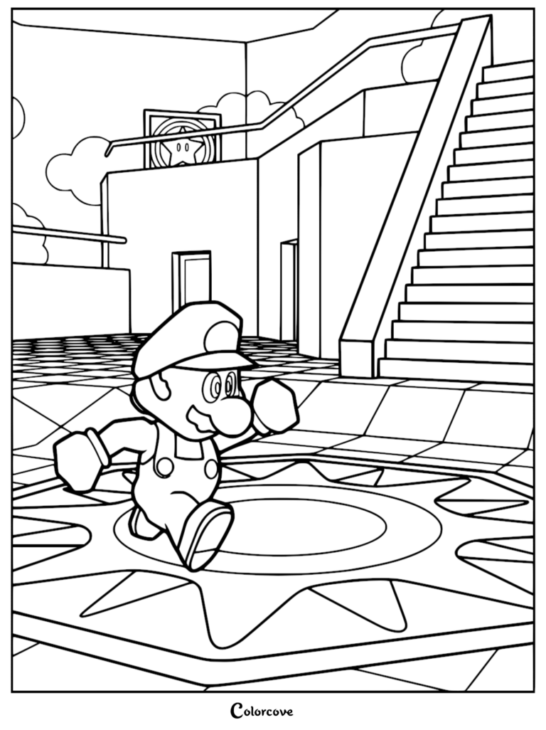 Super Mario courant à travers une plateforme en forme d'étoile dans un coloriage d'intérieur de château.