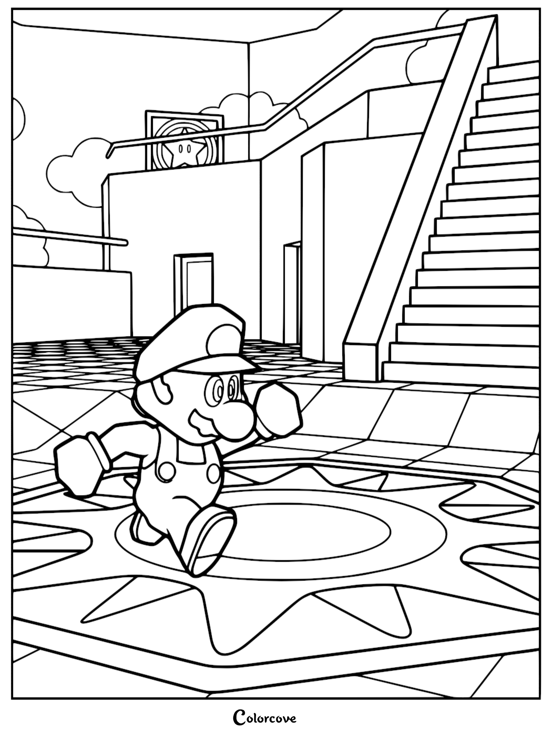 Bring the classic world of Super Mario 64 to life with this free printable coloring page featuring Mario exploring the iconic lobby of Peach's Castle. Perfect for Nintendo fans and kids who love adventure, this coloring sheet is ready to print and color in seconds.