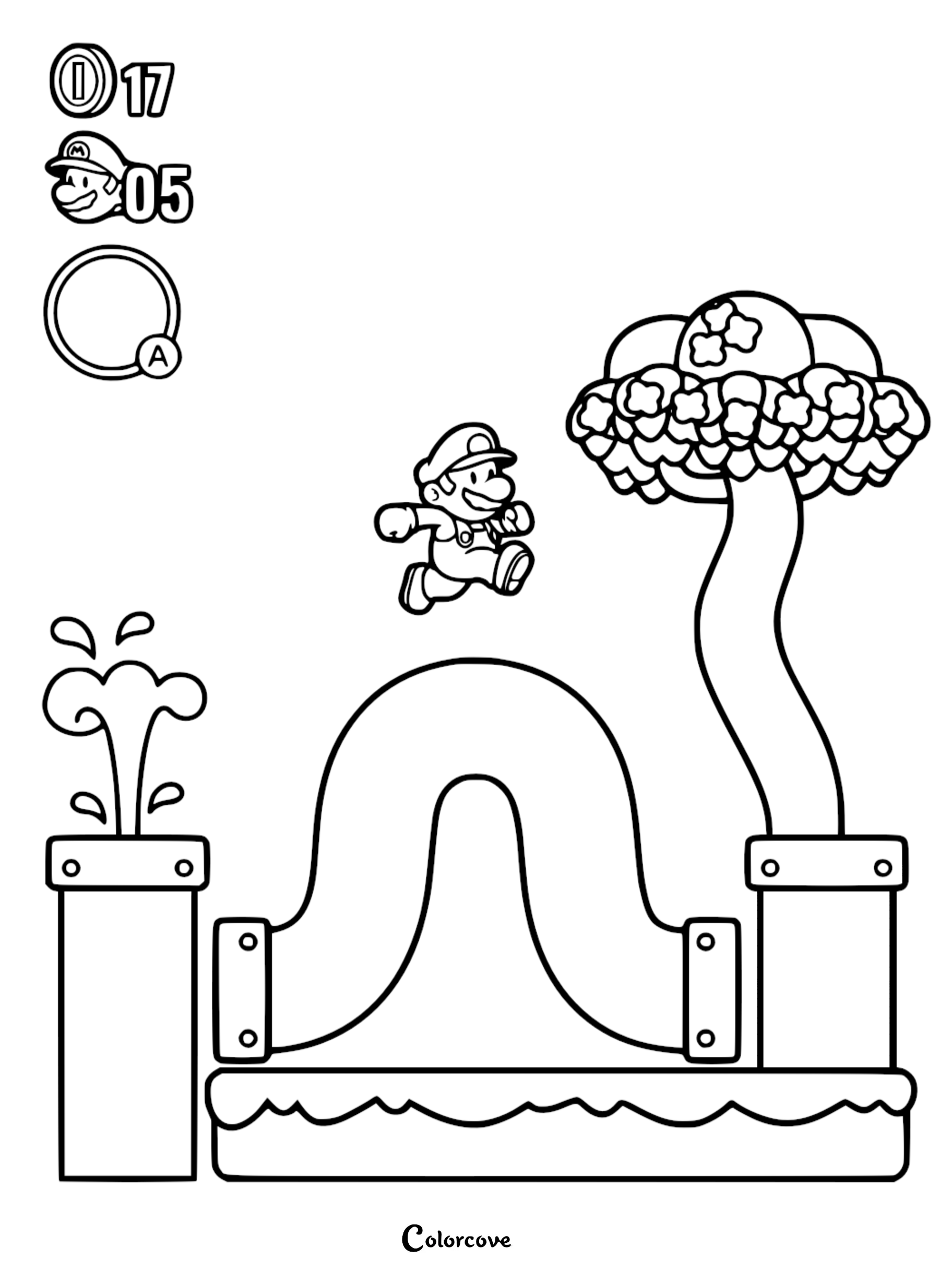 Join the adventure with this free Super Mario coloring page showing Mario leaping over pipes in a fun platforming scene. Download and print this action-packed activity in seconds for kids and Nintendo fans to enjoy.