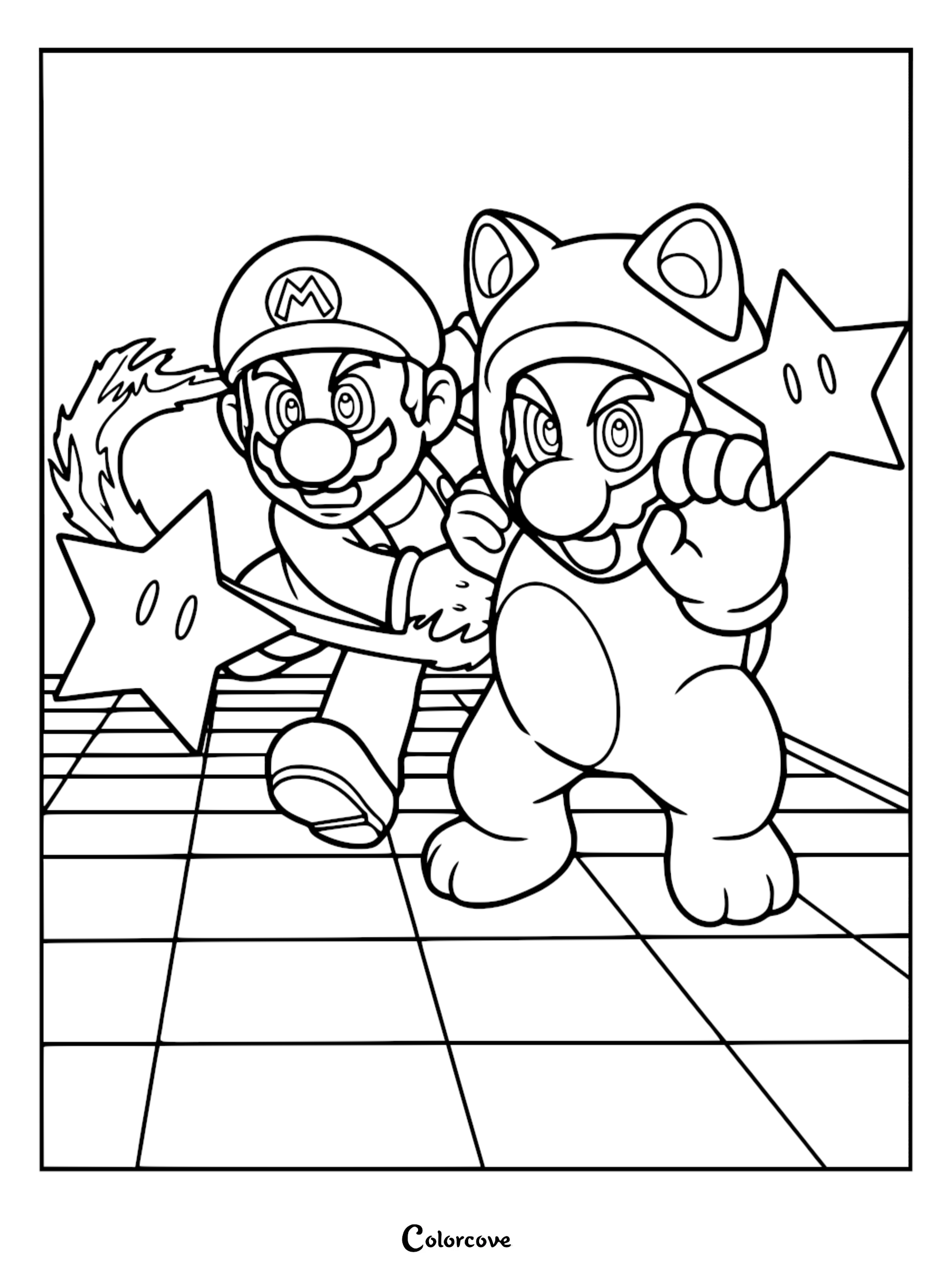 Power up your creativity with this action-packed Super Mario and Cat Mario coloring page, featuring the iconic duo and their power-up stars. This high-quality, printable coloring sheet is perfect for Nintendo fans looking for a fun and free artistic activity.