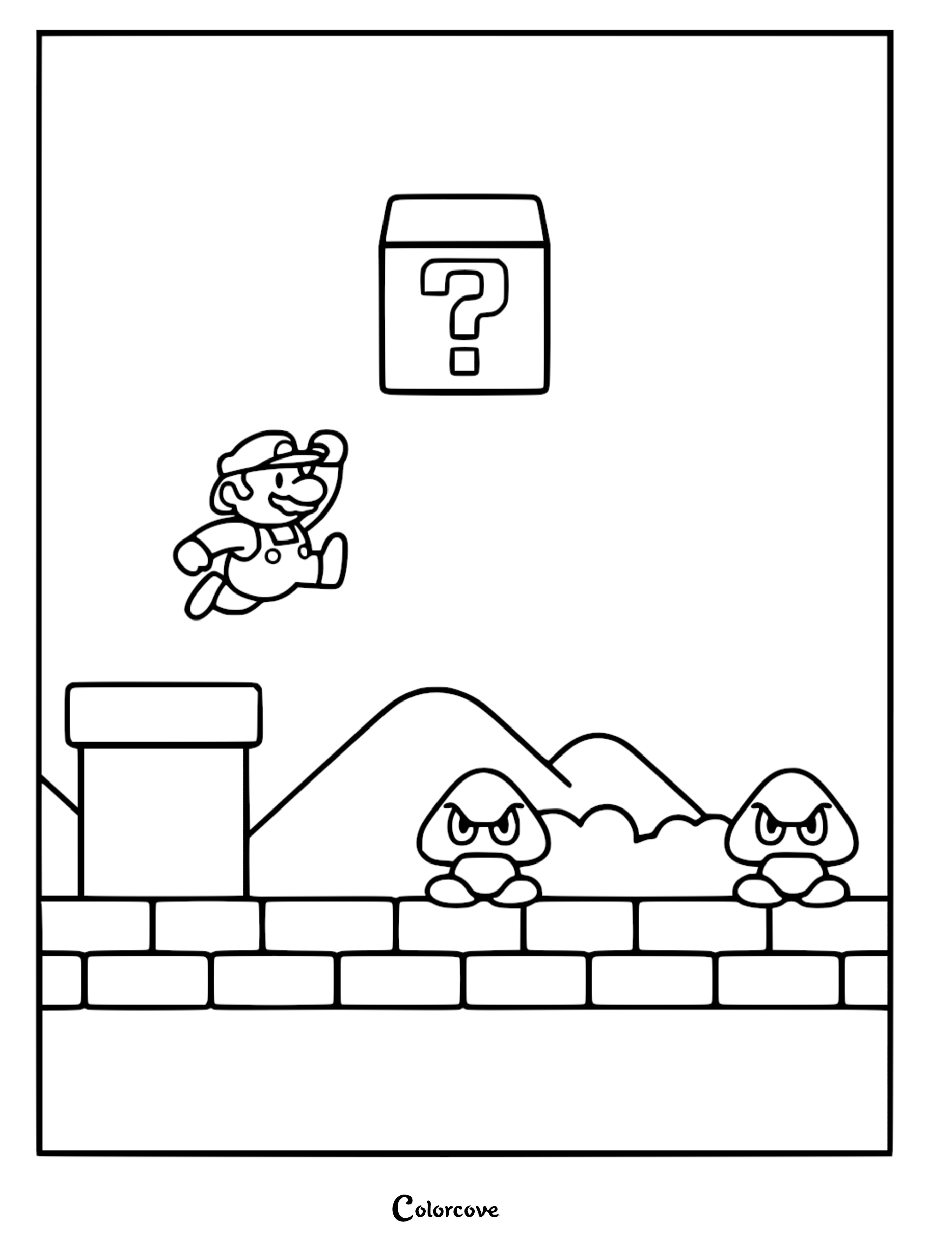 Download and print this action-packed Super Mario coloring page for kids, featuring Mario leaping over Goombas in a classic Mushroom Kingdom scene. This free printable is perfect for fans of Nintendo's iconic plumber looking for creative fun.