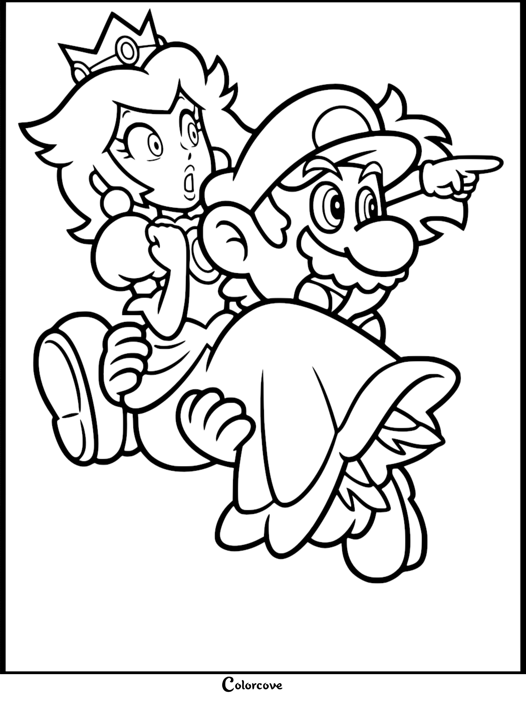 Join the heroic duo with this free Mario and Princess Peach coloring page, perfect for kids who love the Mushroom Kingdom. Download and print this fun scene of Mario carrying Peach to start your coloring adventure today!