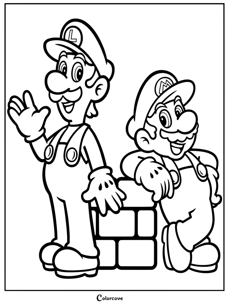 Coloriage de Super Mario et Luigi montrant Luigi qui fait coucou tandis que Super Mario s'appuie contre un bloc de brique.