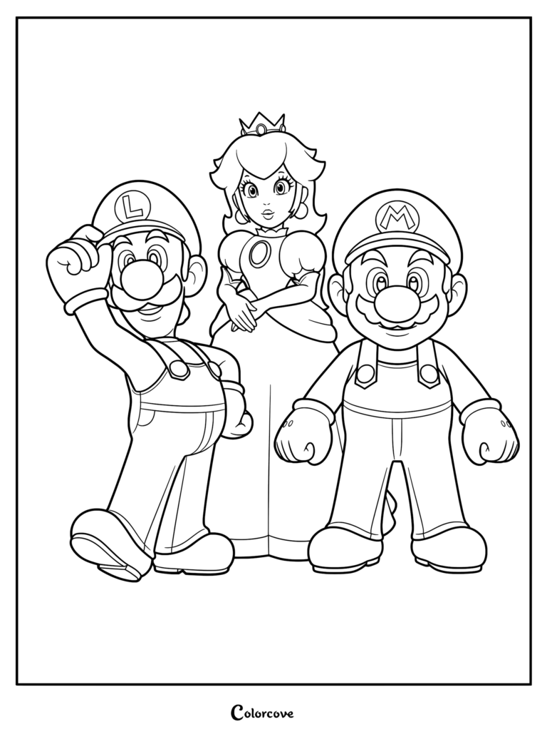 Super Mario, Luigi et la Princesse Peach debout ensemble dans un coloriage au trait.