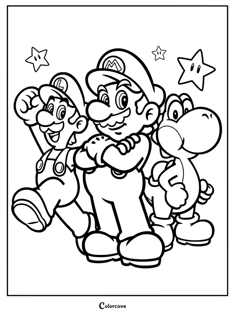 Super Mario, Luigi et Yoshi debout ensemble avec des Super Étoiles en arrière-plan sur un coloriage à imprimer.