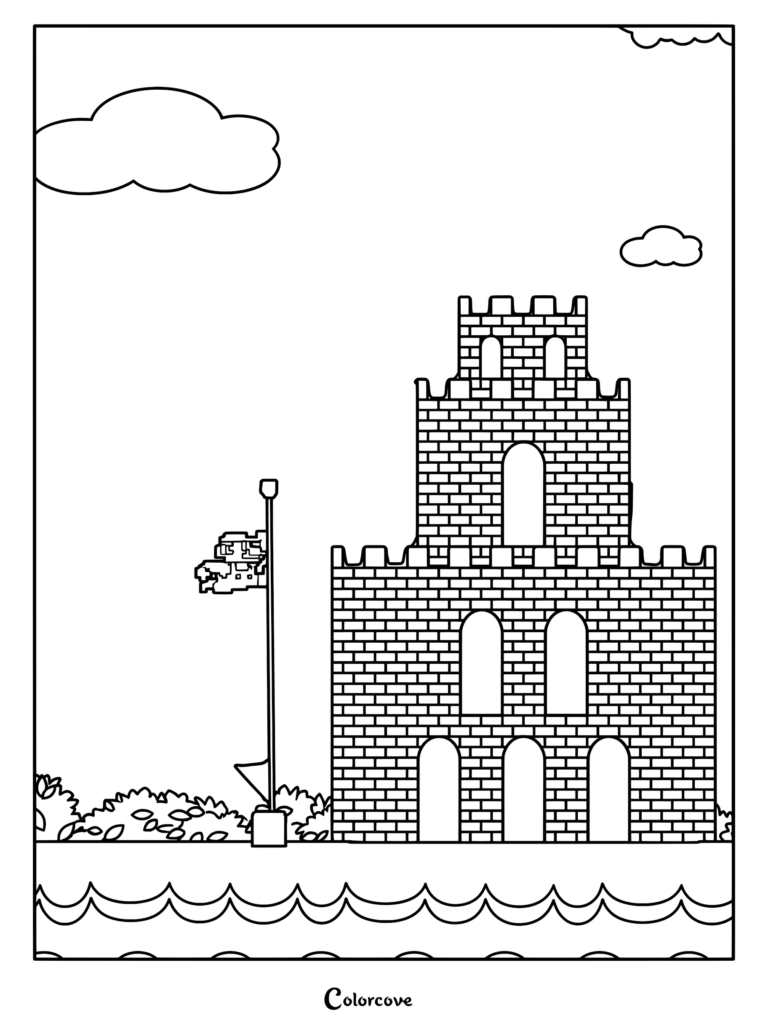 Un coloriage Super Mario représentant un château de briques avec des fenêtres cintrées à côté d'un mât de drapeau portant un drapeau Mario, sur fond de ciel nuageux avec de l'eau en contrebas.