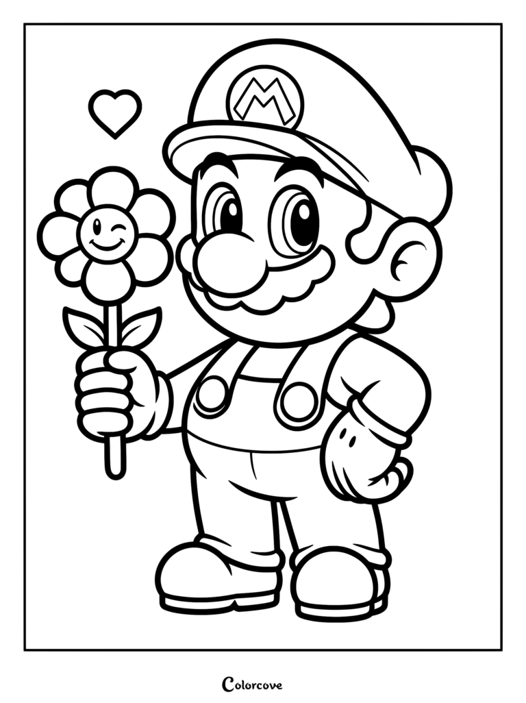 Super Mario tenant une Fleur de Feu qui fait un clin d'œil avec une icône de cœur au-dessus de sa tête dans ce coloriage à imprimer.