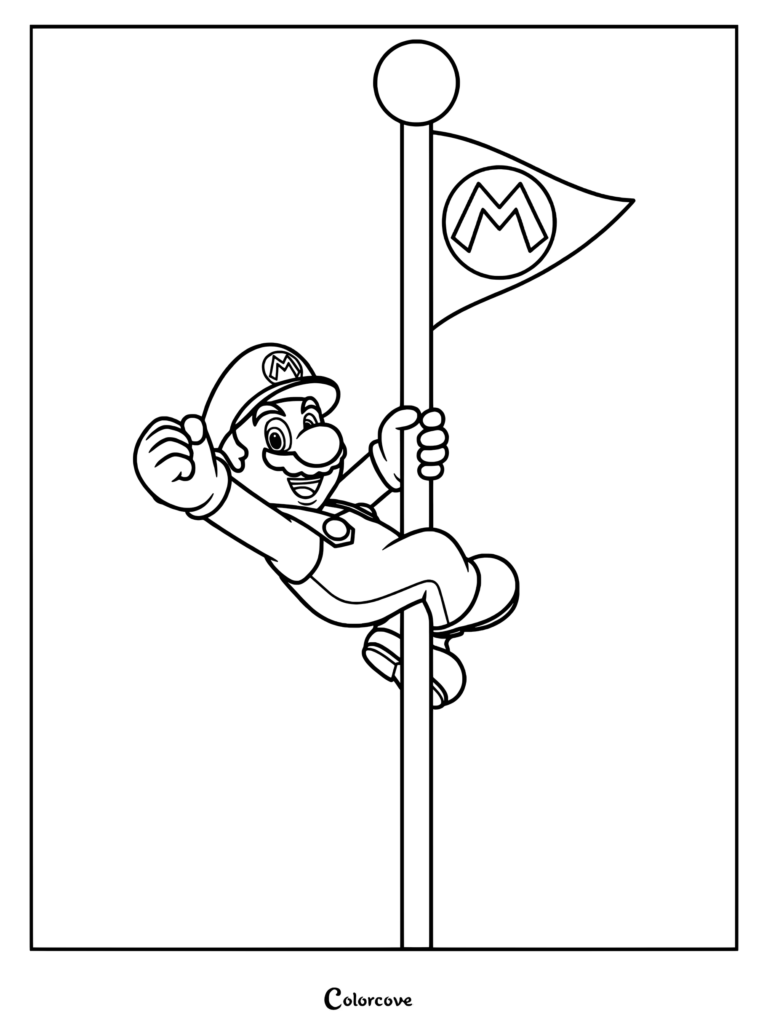 Super Mario glissant le long d'un mât de drapeau avec un drapeau arborant le logo M sur ce coloriage à imprimer.