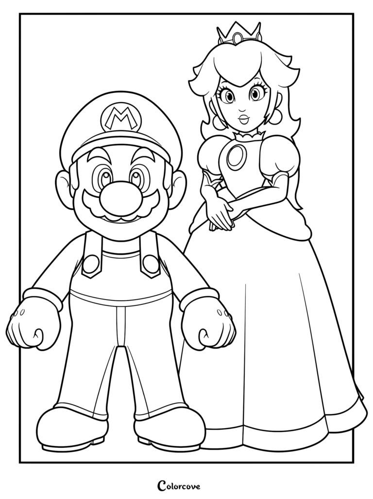 Super Mario debout devant la Princesse Peach dans ce coloriage à imprimer mettant en vedette le duo emblématique.