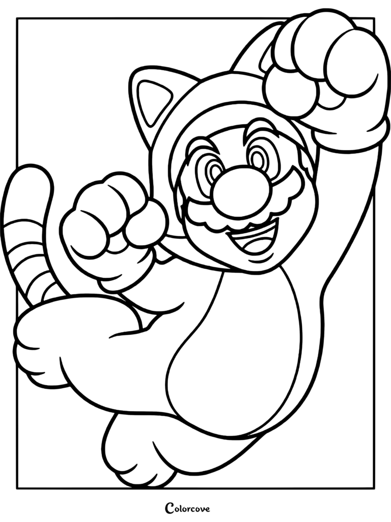 Mario Chat sautant les pattes levées dans une pose dynamique, à retrouver sur un coloriage à imprimer.
