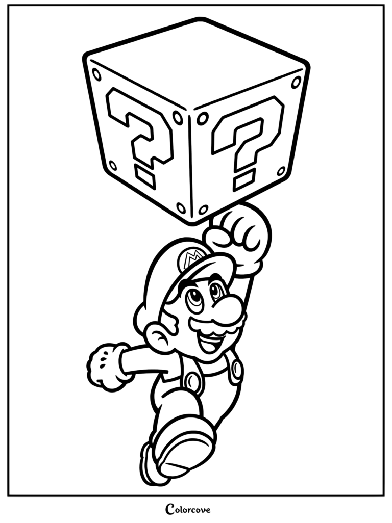 Super Mario sautant et frappant un bloc point d'interrogation flottant sur ce coloriage à imprimer.