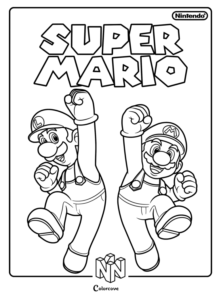 Super Mario et Luigi sautant les poings levés sur ce coloriage Super Mario arborant le logo Nintendo 64.