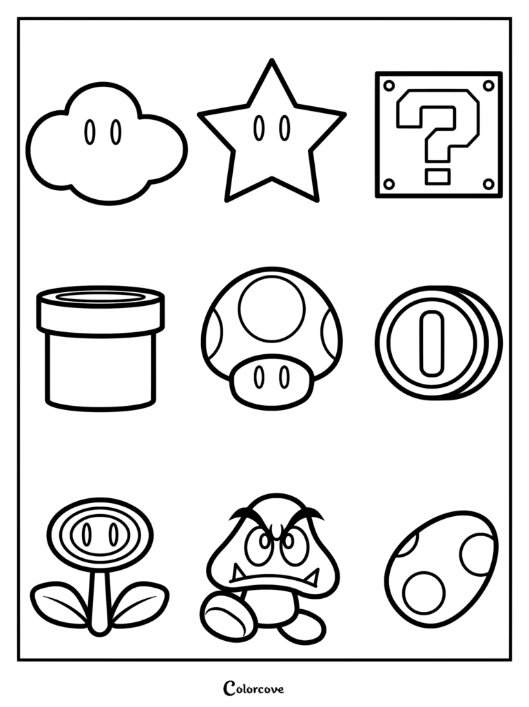Un coloriage à imprimer présentant une grille d'icônes Super Mario comprenant un nuage, une étoile, un bloc mystère, un tuyau de téléportation, un champignon, une pièce, une fleur de feu, un Goomba et un œuf de Yoshi.