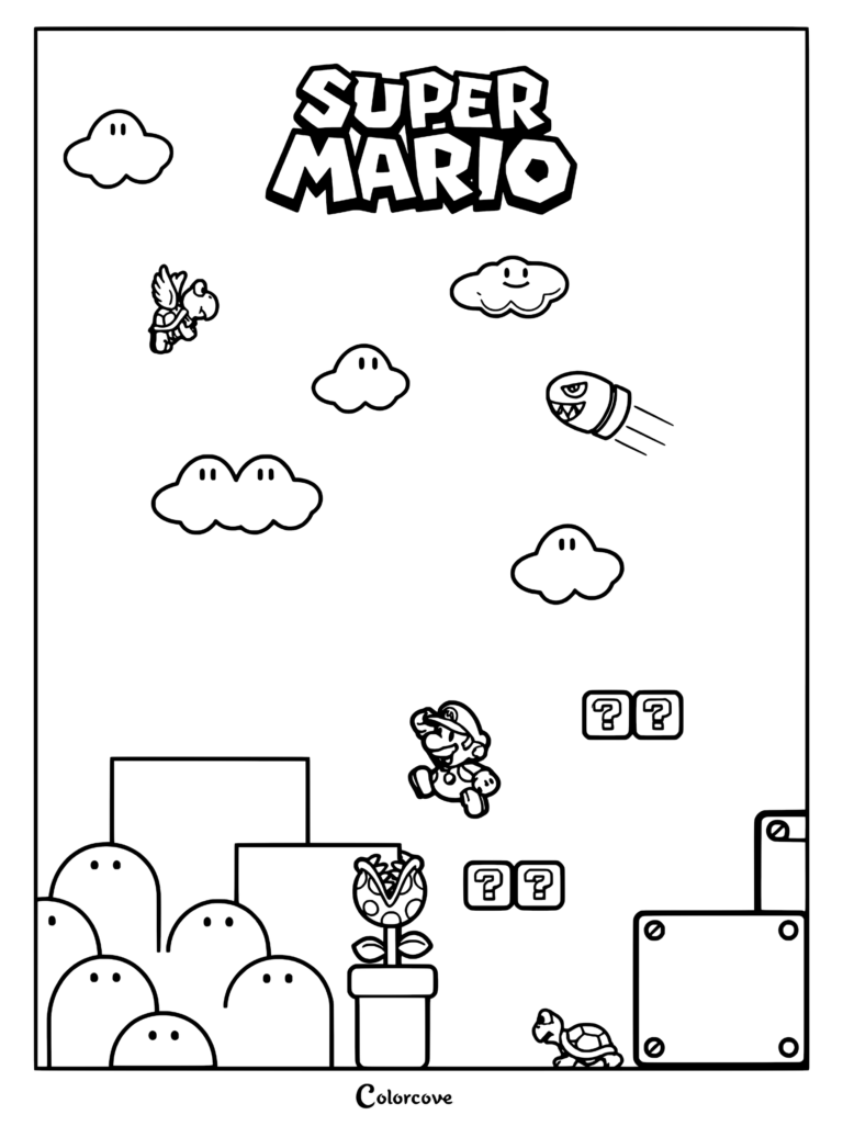 Super Mario sautant par-dessus une Plante Piranha avec un Koopa Paratroopa, un Bill Ball et des blocs mystère sur ce coloriage de niveau céleste.
