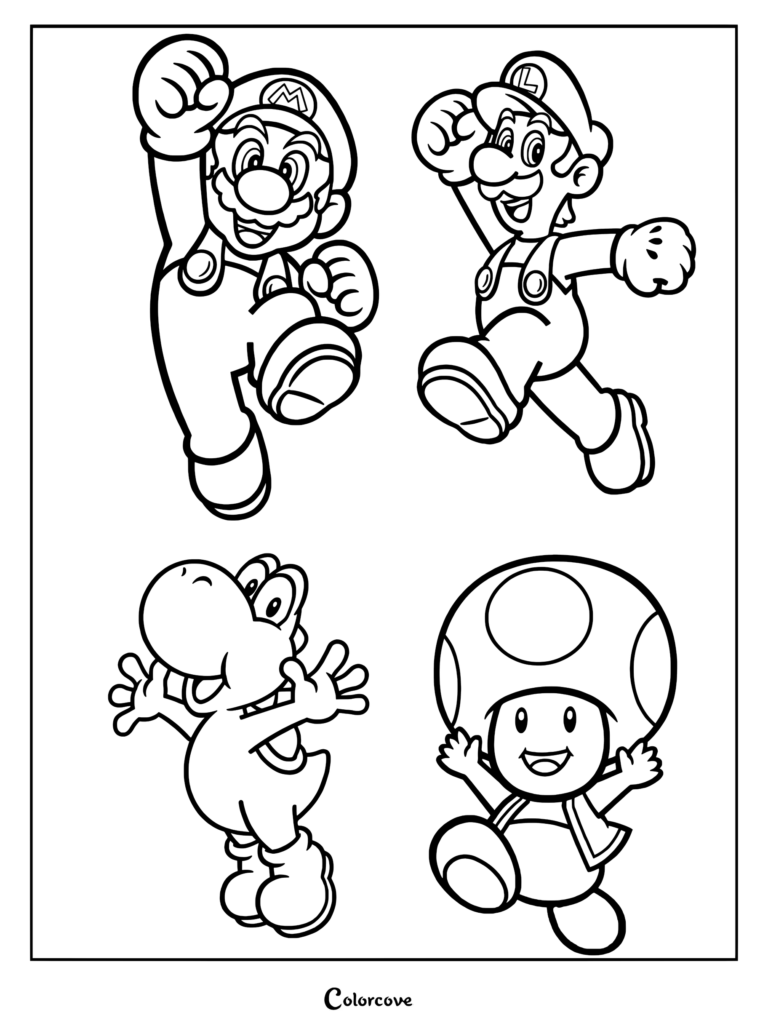 Coloriage au trait représentant Super Mario et Luigi sautant aux côtés de Yoshi et Toad avec les bras levés.