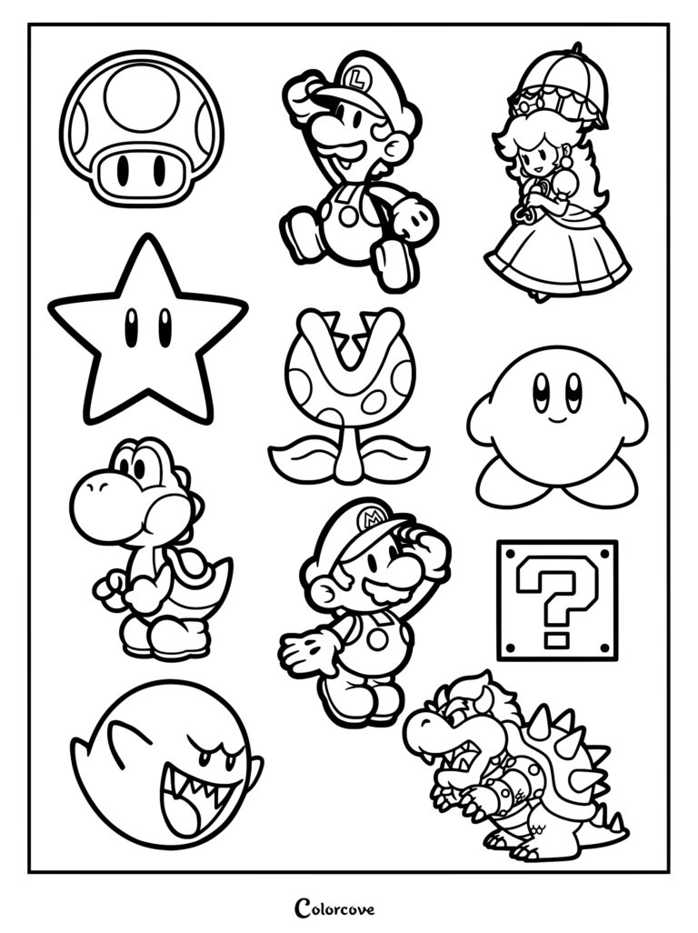 Un coloriage à imprimer représentant Luigi, Princesse Peach, Yoshi, Super Mario, Bowser, un Boo, un Super Champignon, une Super Étoile, une Plante Piranha, Kirby et un bloc Question.