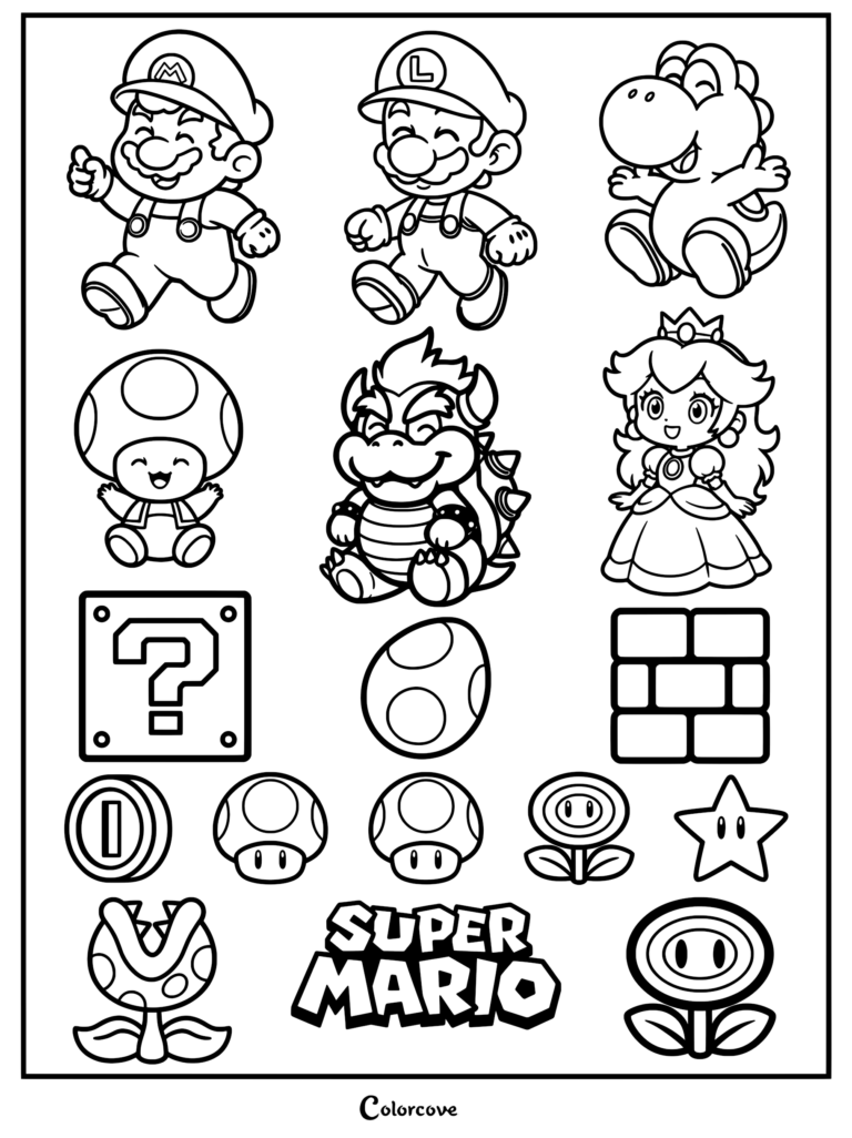 Mario characters and iconic items arranged in a grid.