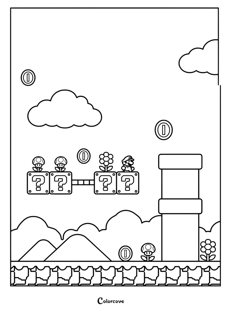 Super Mario sautant sur une rangée de blocs mystère avec des Super Champignons et des Fleurs de Feu sur un coloriage de niveau Super Mario.