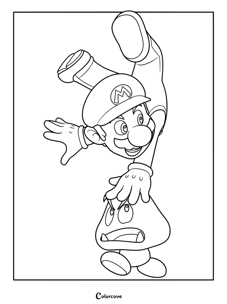 Super Mario effectuant une attaque sautée sur un Goomba sur ce coloriage à imprimer.