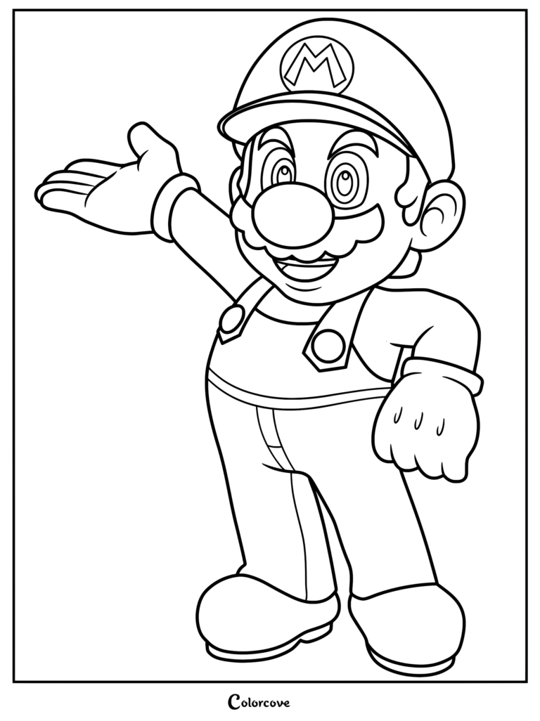 Mario Or faisant un geste de la main dans ce coloriage au trait à imprimer.