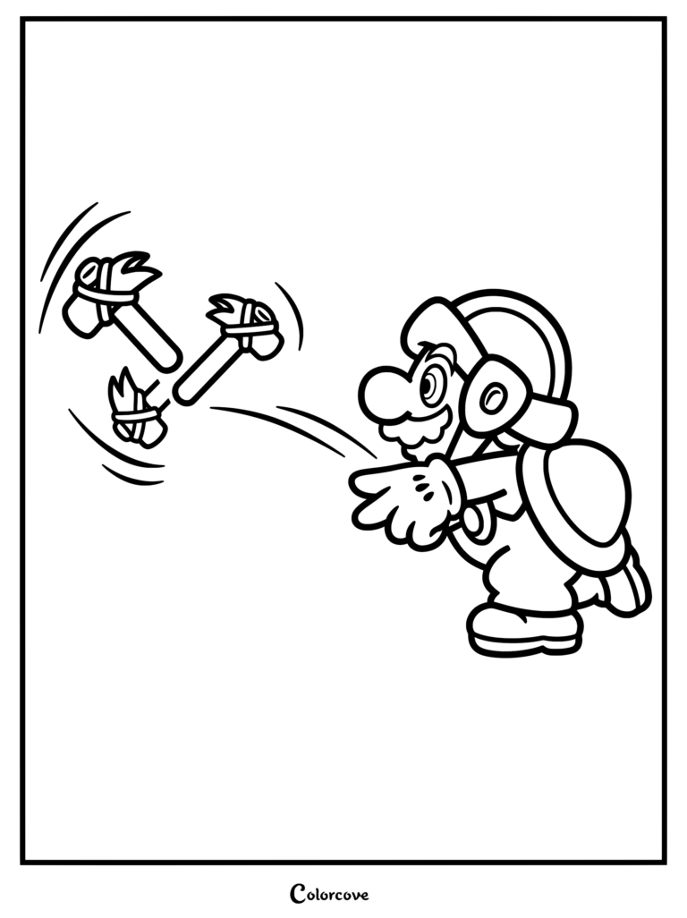 Mario Marteau lançant plusieurs marteaux dans ce coloriage à imprimer.
