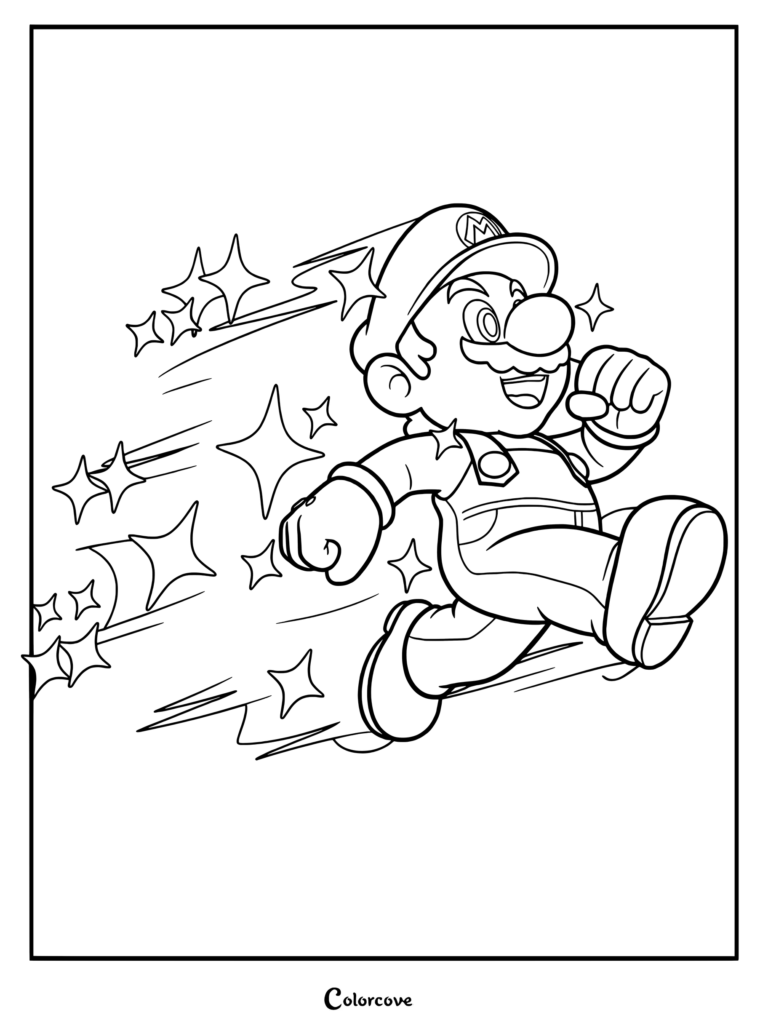 Mario invincible courant avec une traînée d'étoiles scintillantes dans ce coloriage à imprimer.