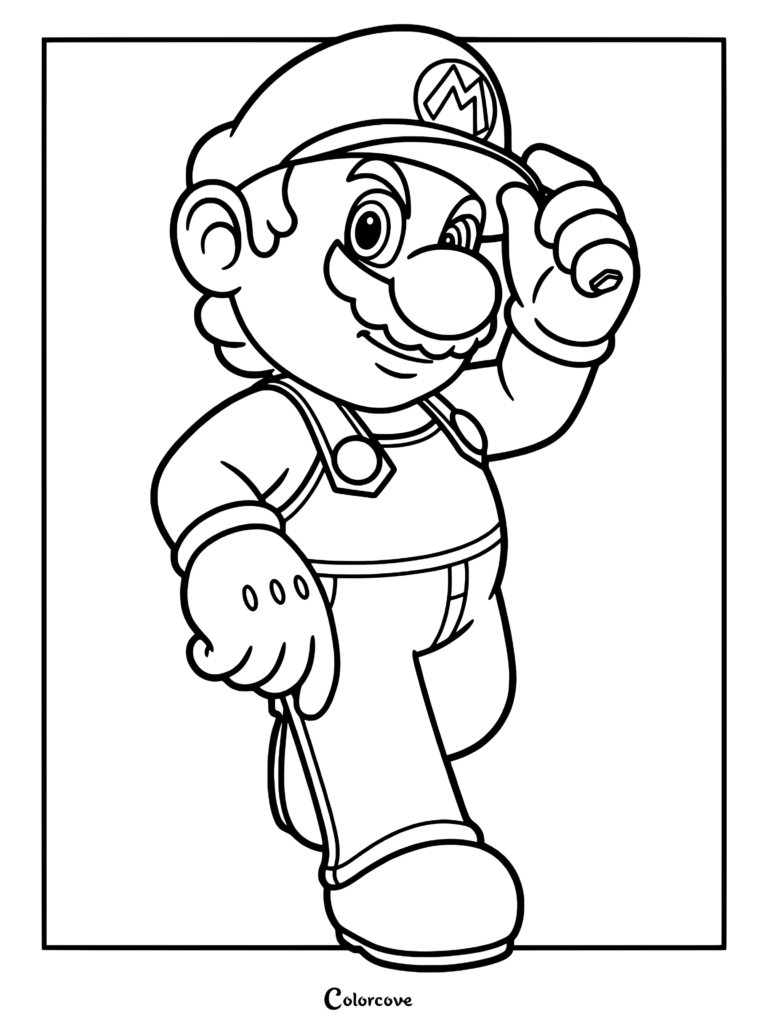 Mario Métal ajustant sa casquette dans ce coloriage à imprimer