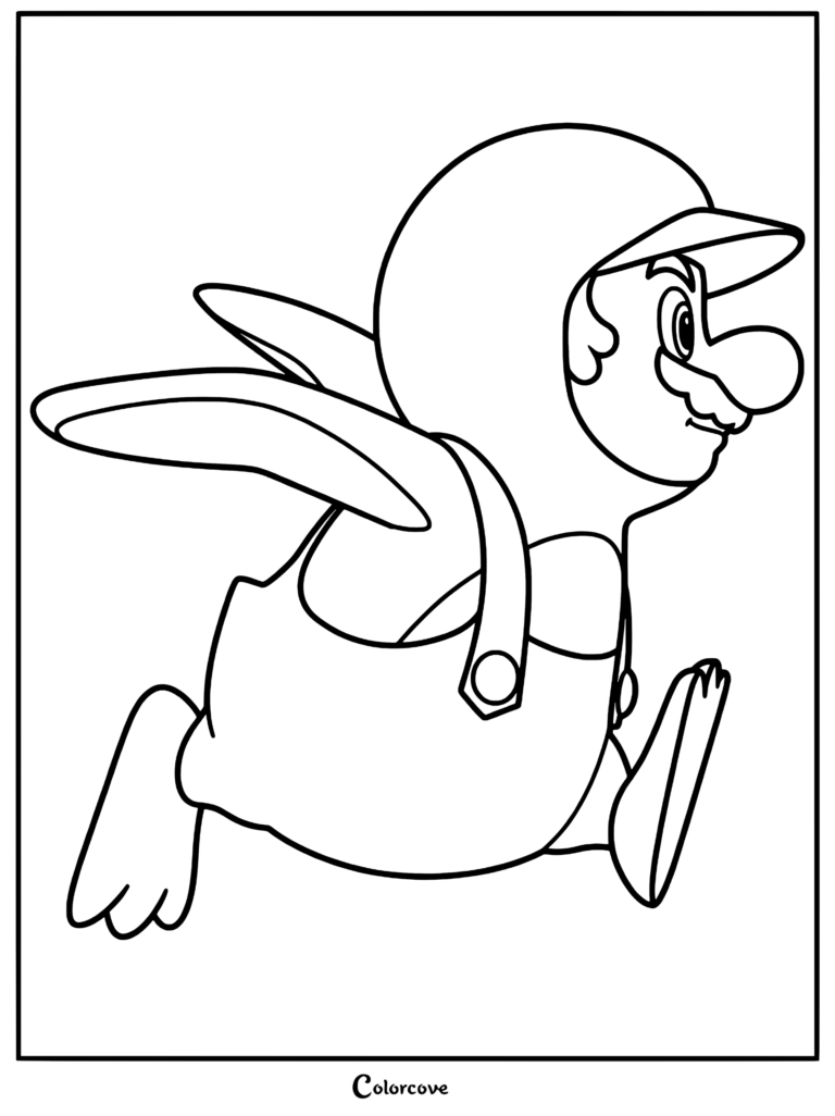 Mario Manchot courant dans sa combinaison de manchot, coloriage à imprimer pour enfants.