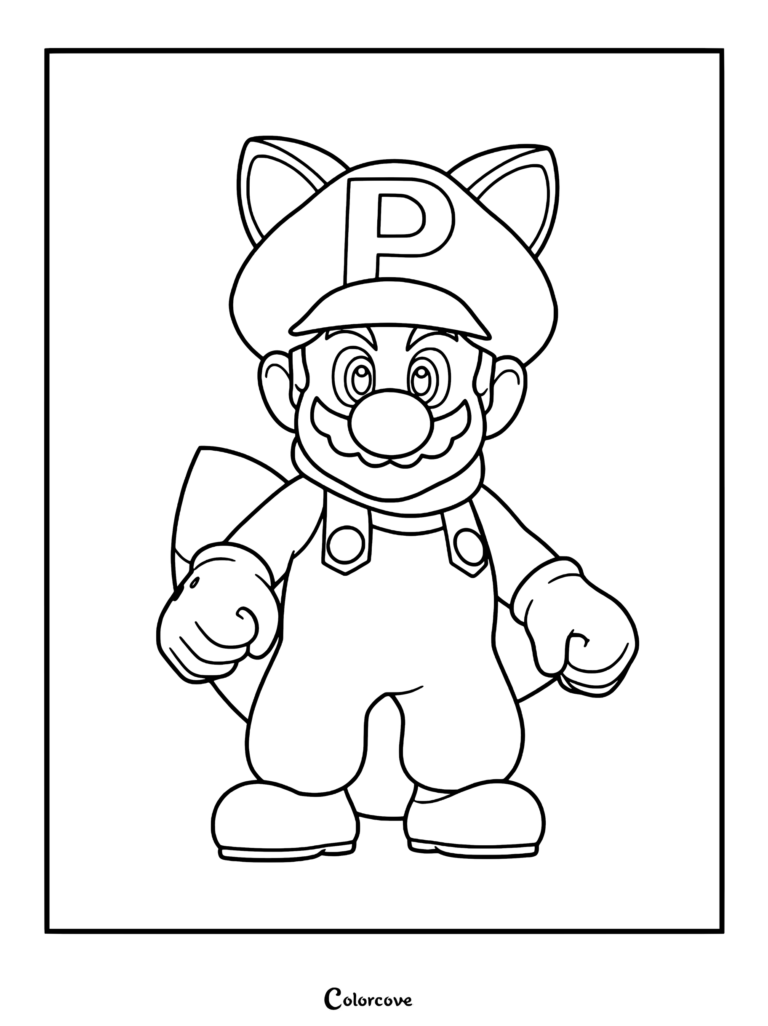 Mario Écureuil volant portant sa casquette signature avec des oreilles et une queue dans ce coloriage à imprimer.