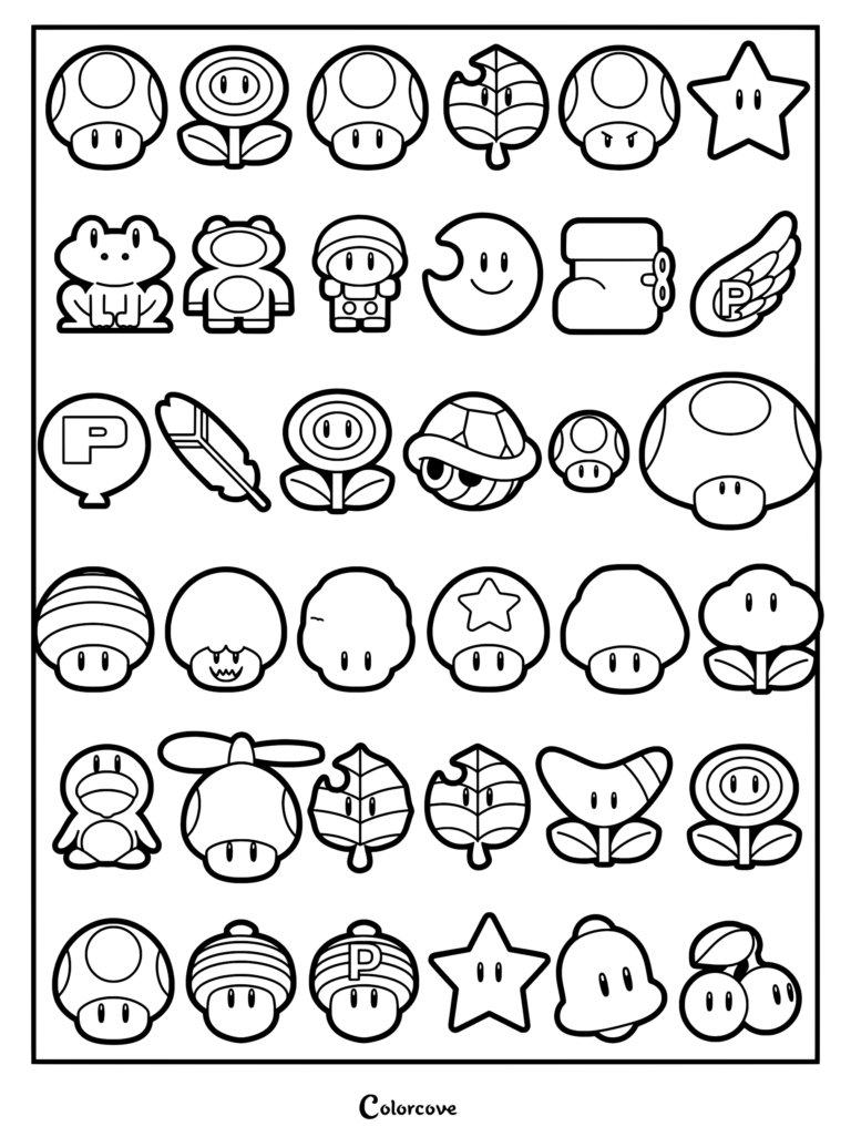 Un coloriage à imprimer présentant une grille de divers bonus de Super Mario comprenant des champignons, des fleurs, des étoiles et des feuilles.