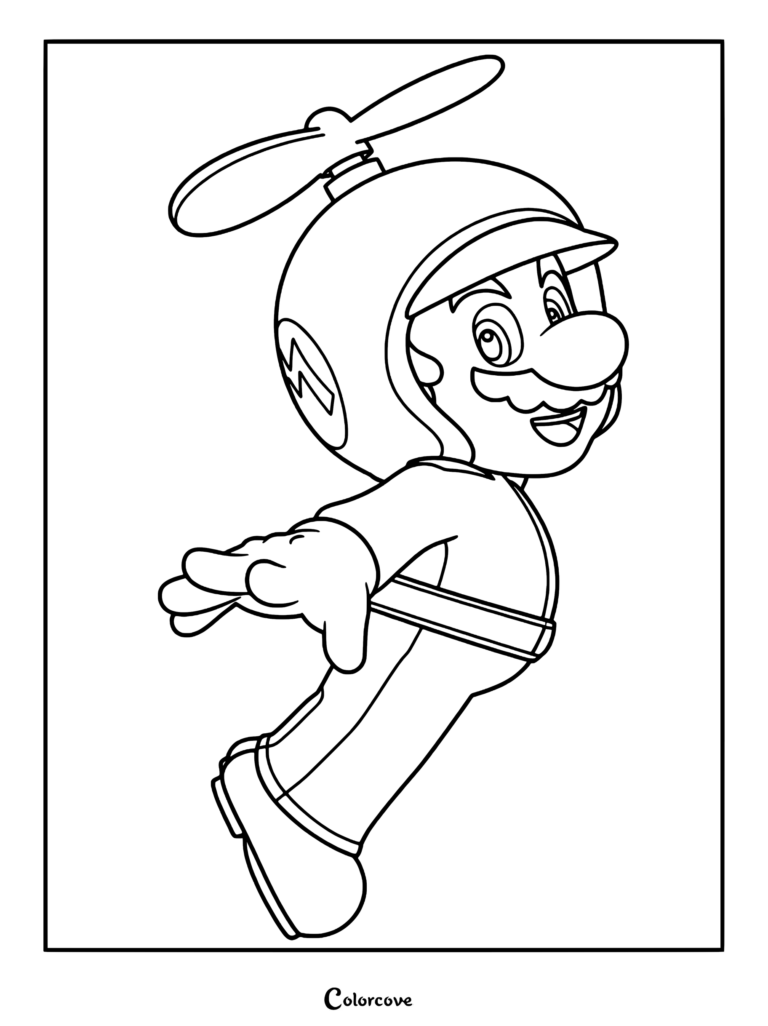 Mario Hélico volant dans les airs dans ce coloriage à imprimer mettant en vedette son casque et son hélice caractéristiques.