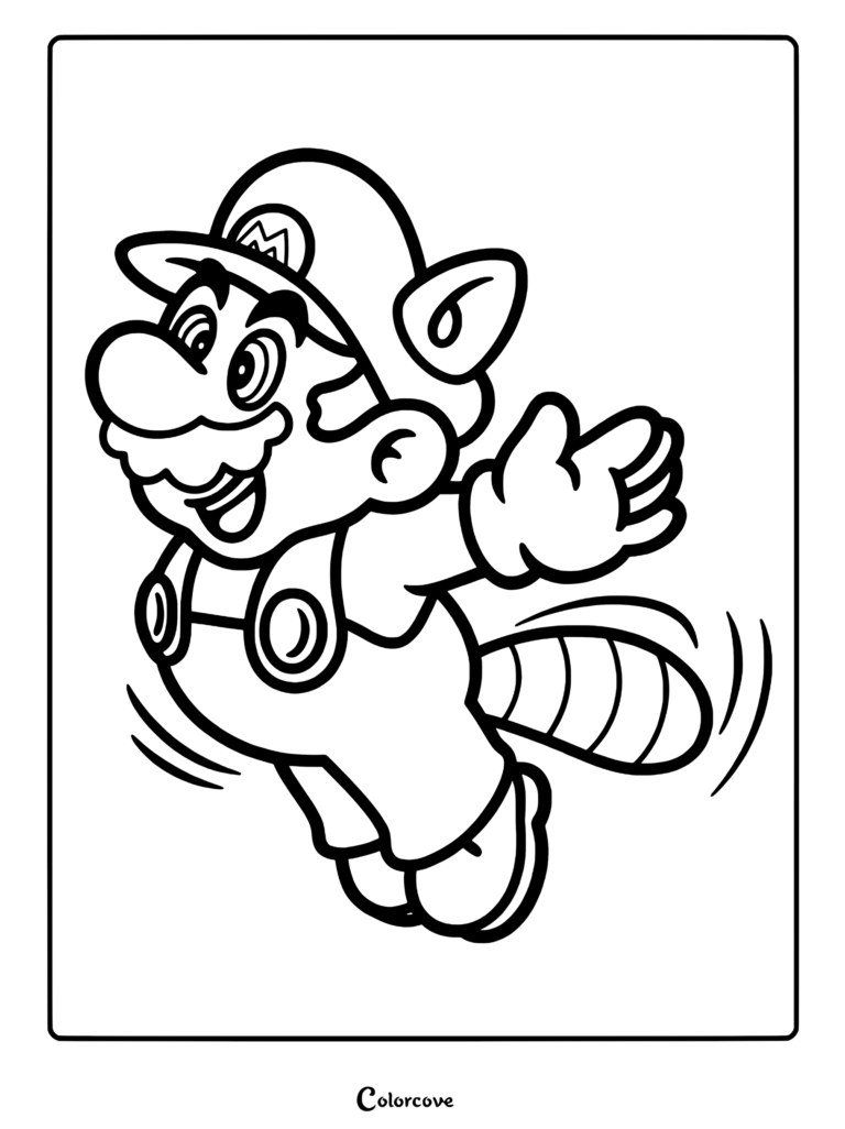 Mario Tanooki volant avec sa queue qui s'agite dans ce coloriage à imprimer.
