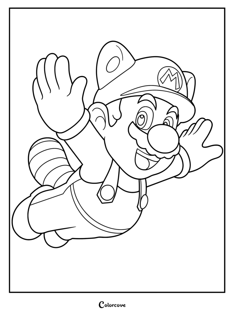 Mario Tanooki volant avec sa queue et ses oreilles visibles dans ce coloriage à imprimer.