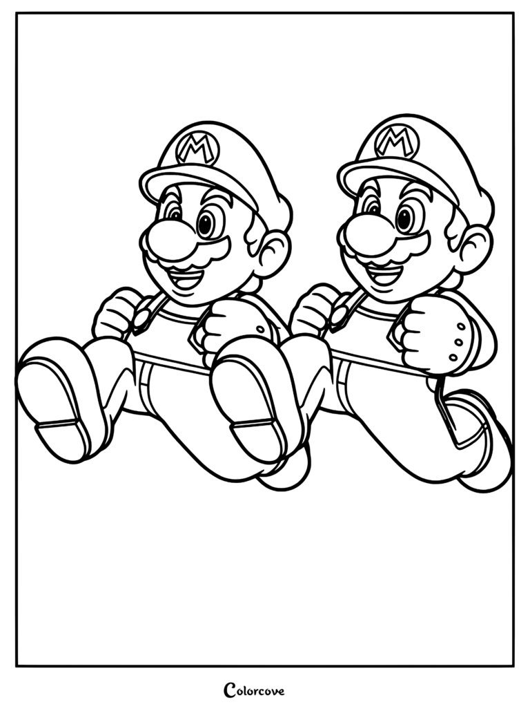 Deux versions de Super Mario courant côte à côte sur ce coloriage à imprimer.