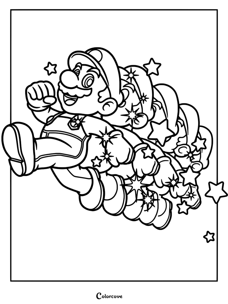 Mario Arc-en-ciel courant avec une traînée d'images rémanentes et d'étoiles scintillantes dans ce coloriage à imprimer.