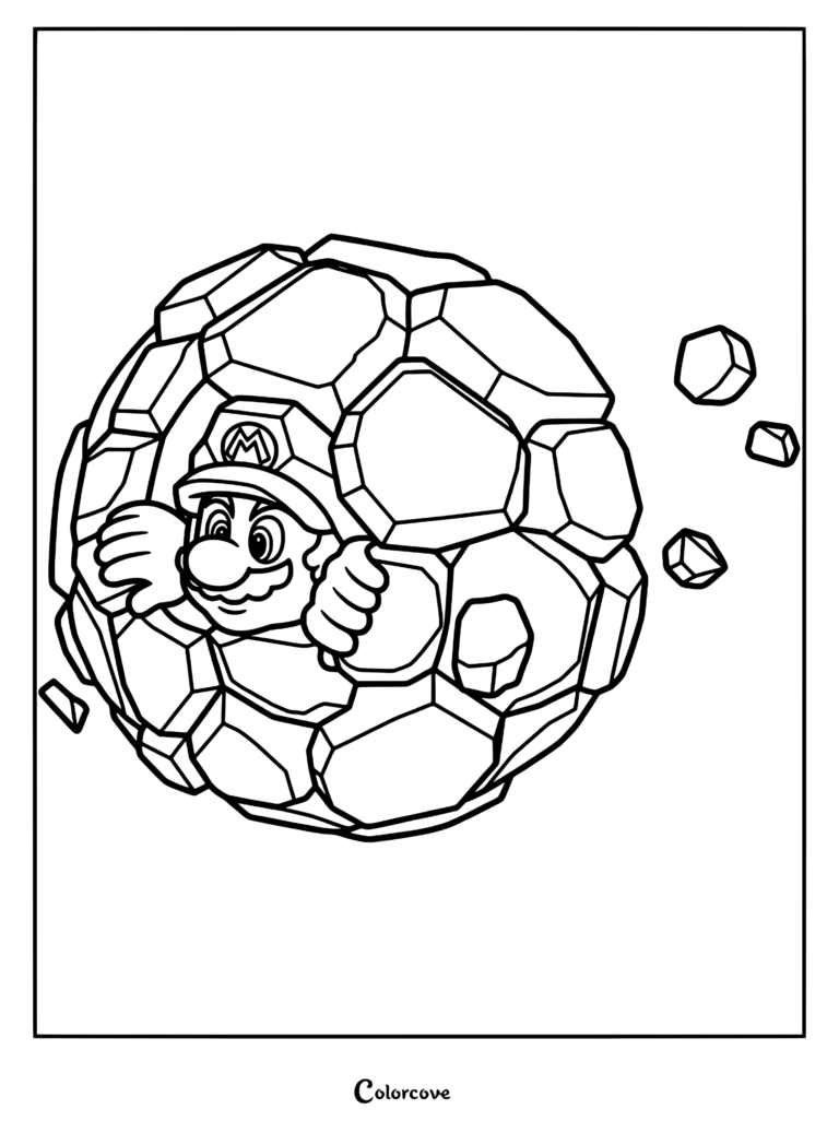 Mario Roche roulant à l'intérieur d'un grand rocher, coloriage au trait détaillé.