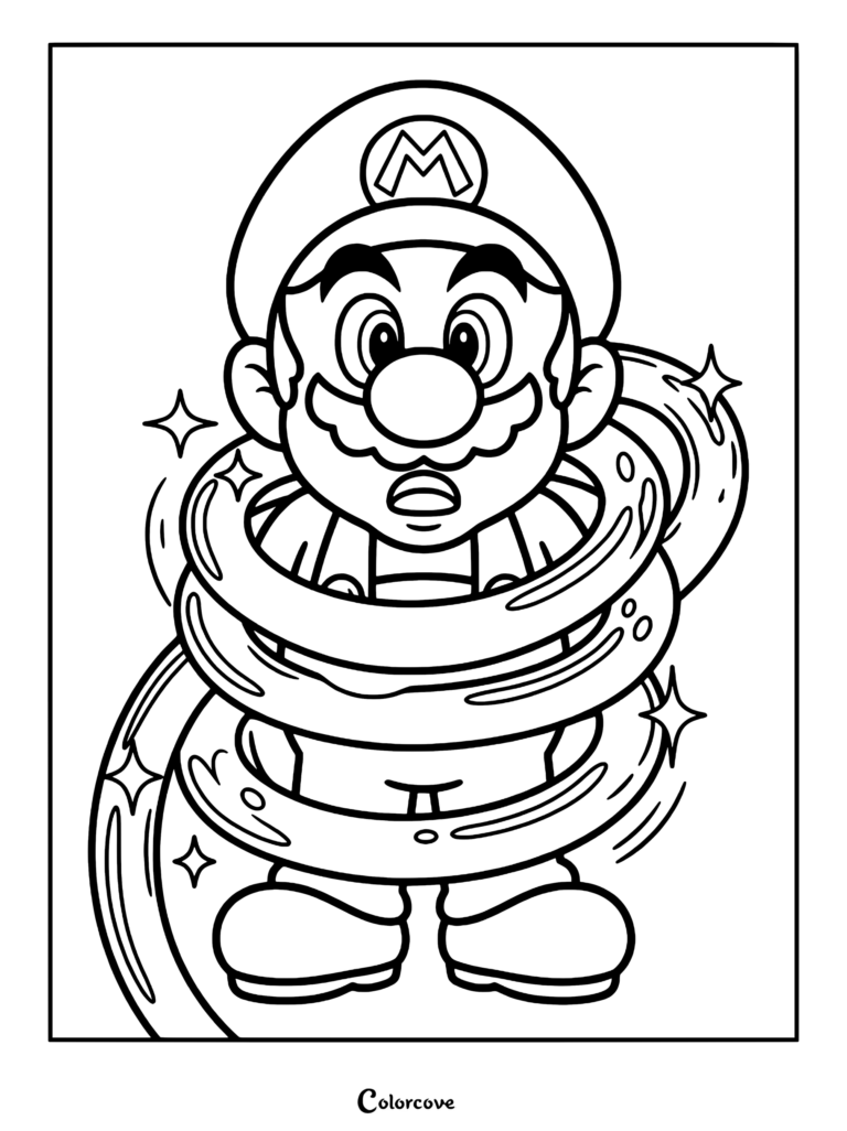 Mario Ressort enveloppé dans une bobine métallique, un coloriage à imprimer mettant en vedette le personnage emblématique.