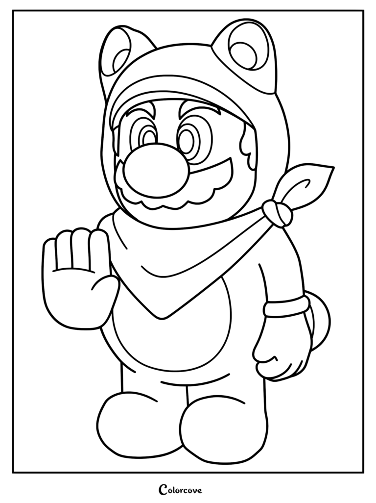 Mario Statue portant une capuche et une écharpe de type grenouille agitant la main dans ce coloriage à imprimer.