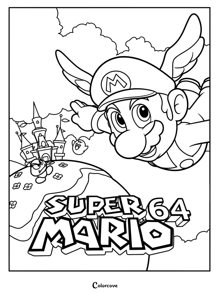 Coloriage Super Mario 64 représentant Mario Casquette Ailée volant au-dessus du château de la Princesse Peach avec un Goomba et un Boo à proximité.