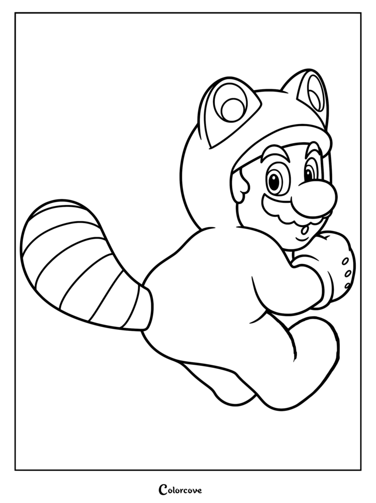 Mario Tanooki portant sa combinaison de raton laveur signature avec des oreilles et une queue rayée dans ce coloriage à imprimer.