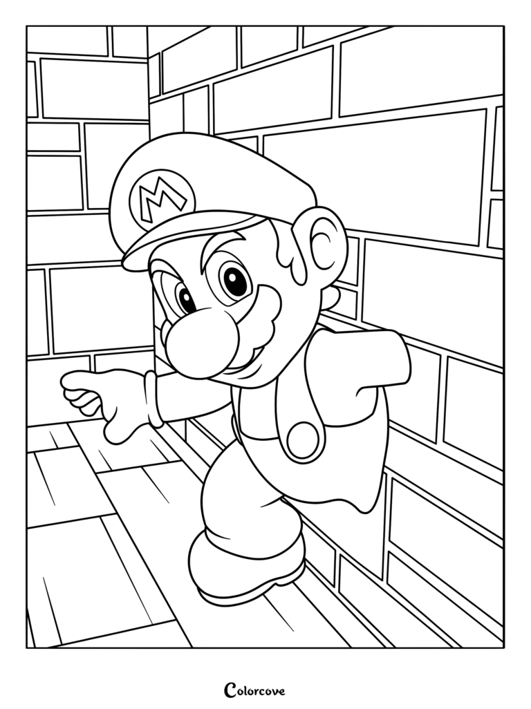 Mario Fantôme apparaissant translucide en courant dans un couloir de briques dans ce coloriage à imprimer.